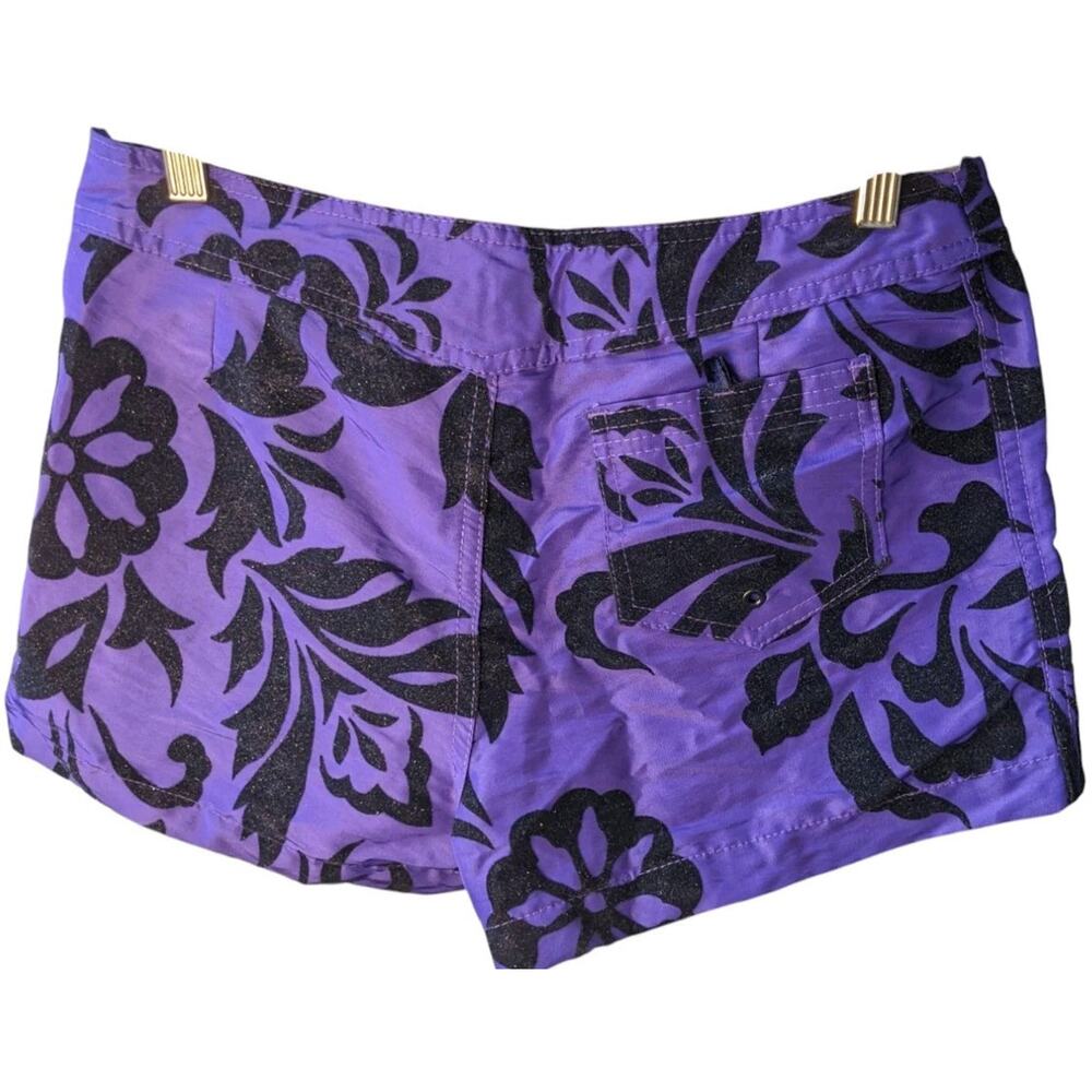 Y2K Hurley Sparkle Board Shorts 7 Juniors Purple Tropical Black Velvet Burnout - Picture 2 of 9